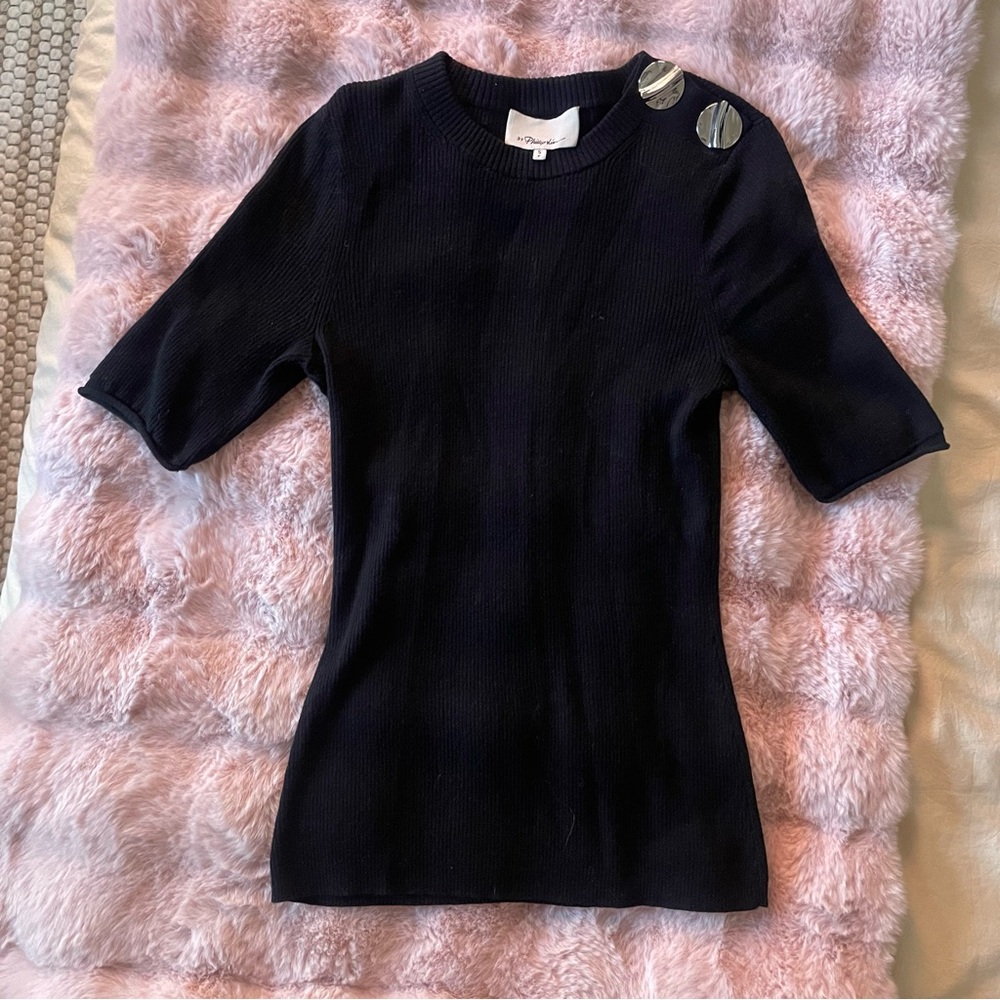 3.1 Phillip Lim Black Ribbed Short-Sleeve Top with Metallic Buttons